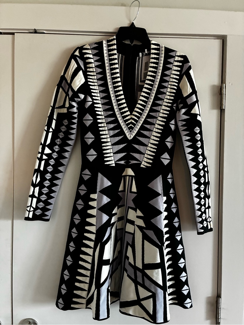 Parker Black & White Geometric Knit Fit-and-Flare Dress